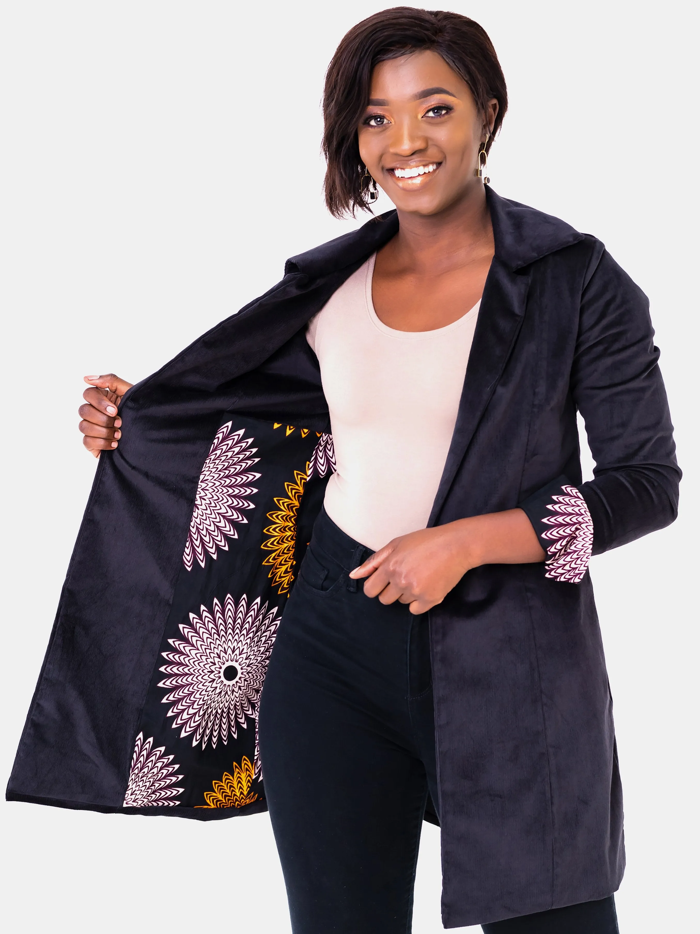 Vivo Corduroy Trench Coat - Black