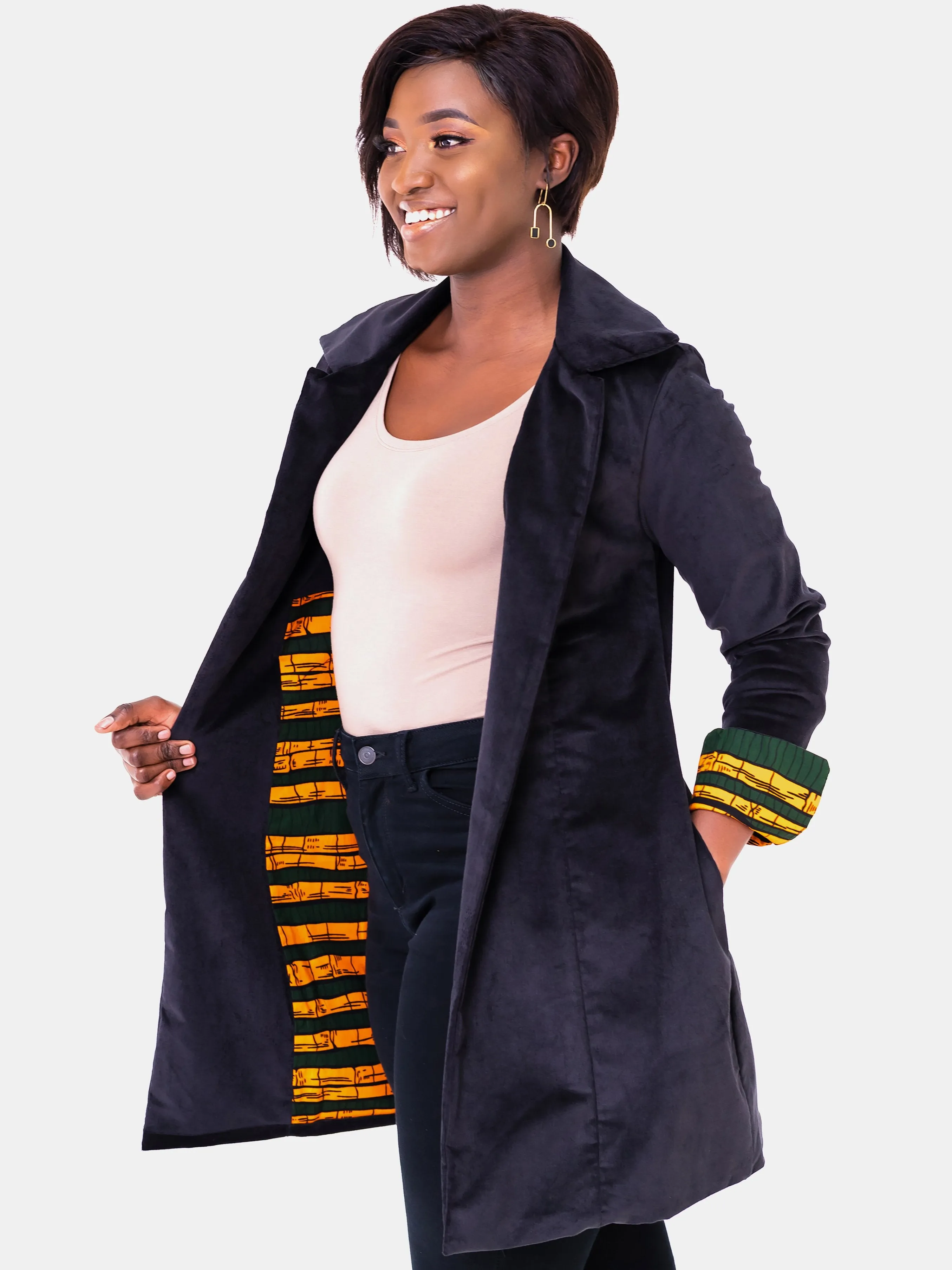 Vivo Corduroy Trench Coat - Black