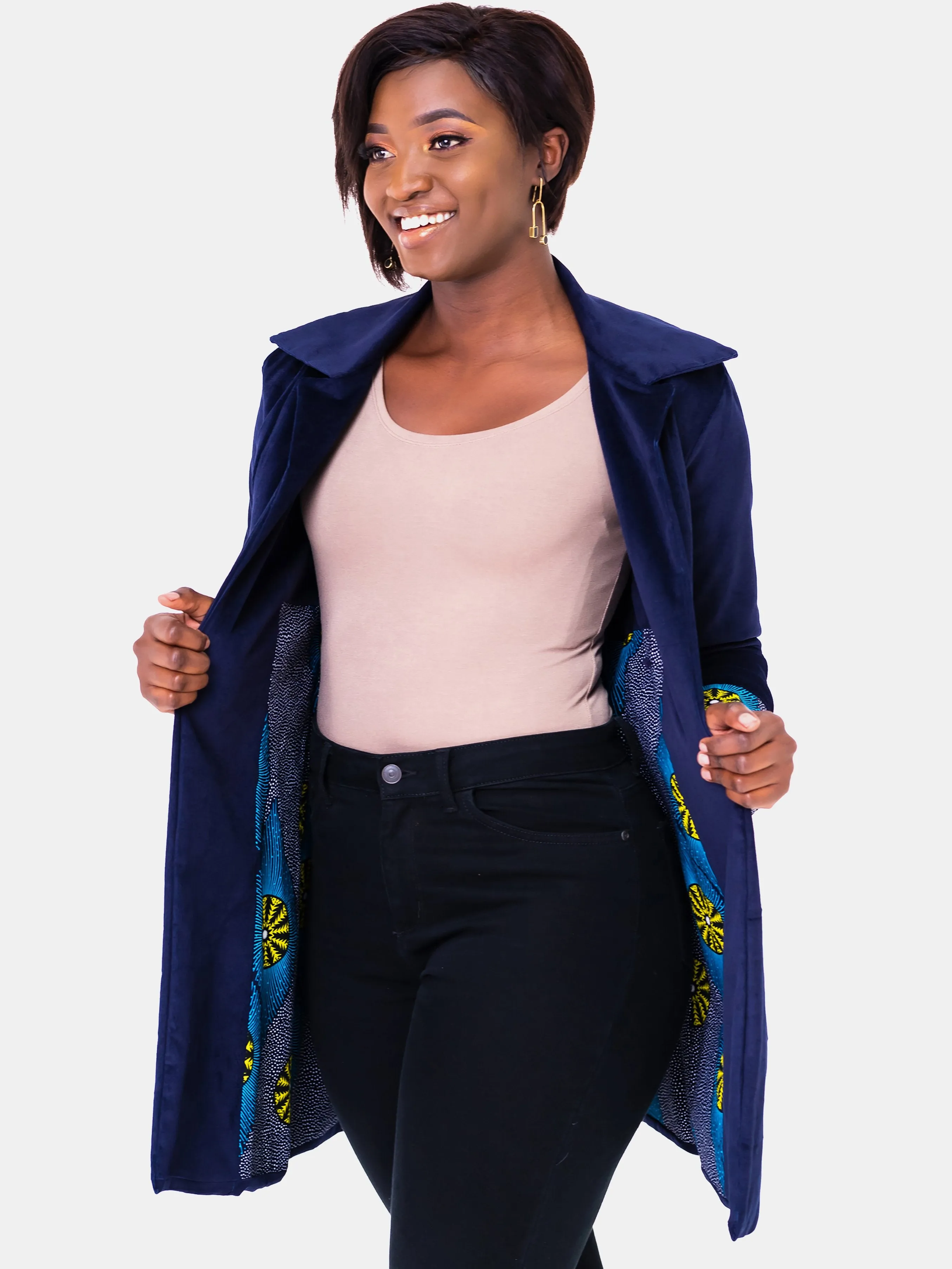 Vivo Corduroy Trench Coat - Blue & Yellow Print
