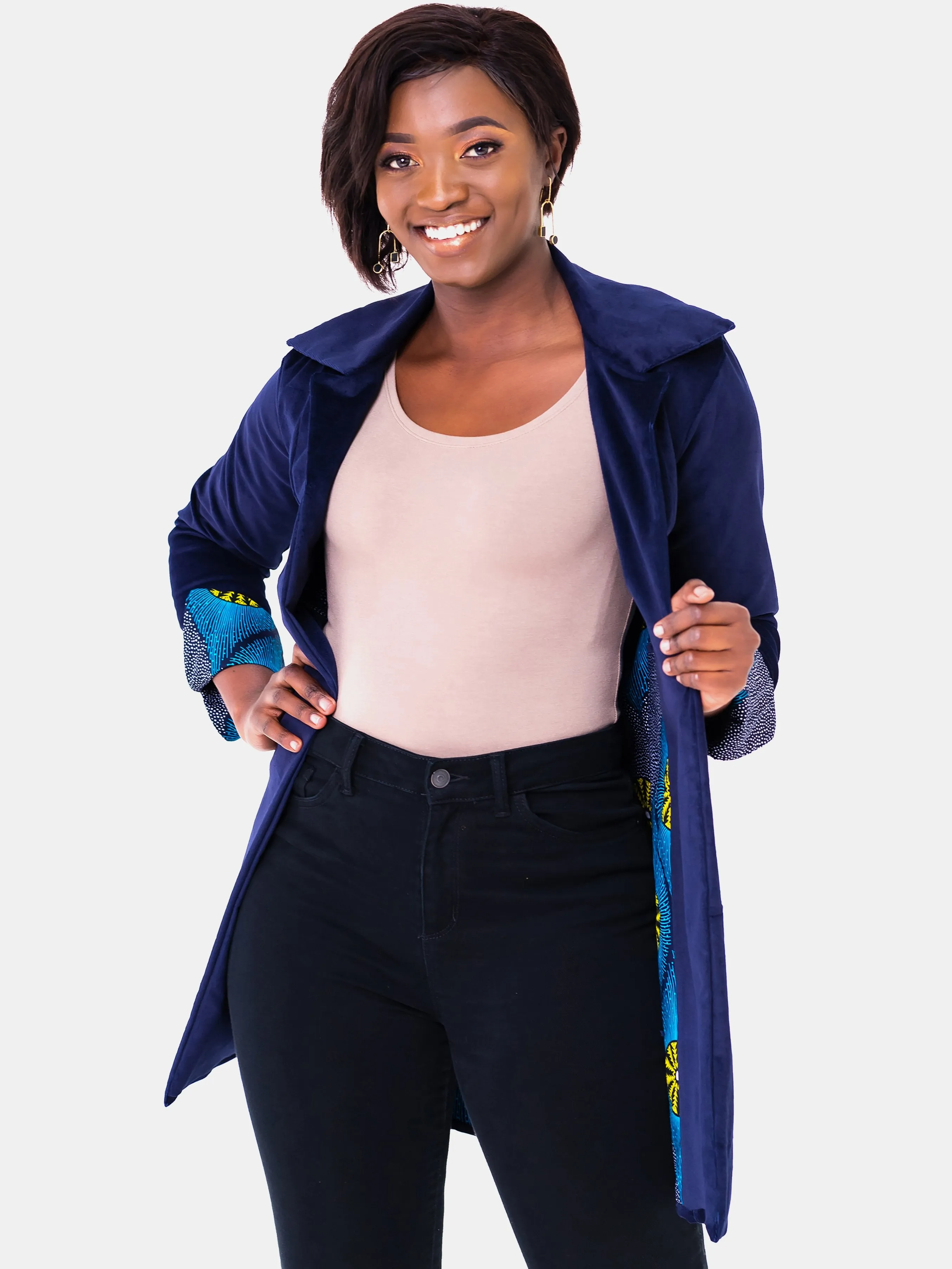 Vivo Corduroy Trench Coat - Blue & Yellow Print