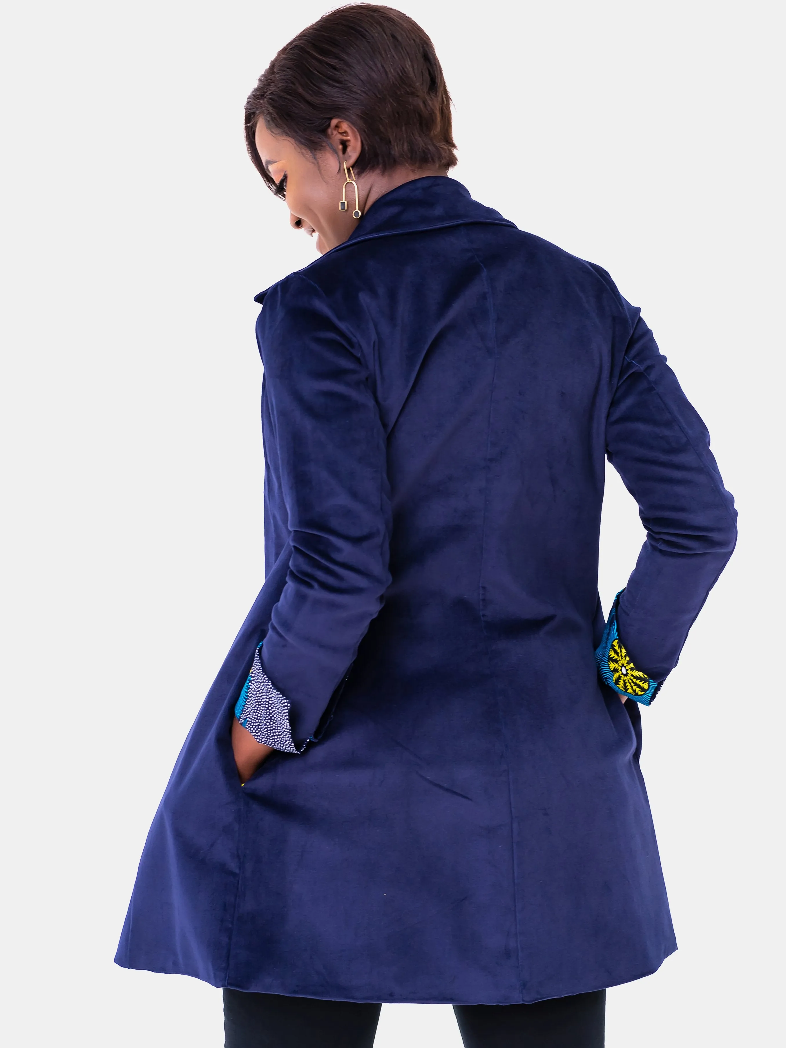 Vivo Corduroy Trench Coat - Blue & Yellow Print