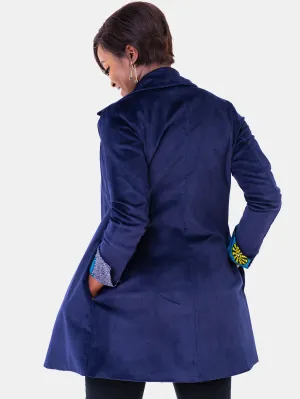 Vivo Corduroy Trench Coat - Blue & Yellow Print