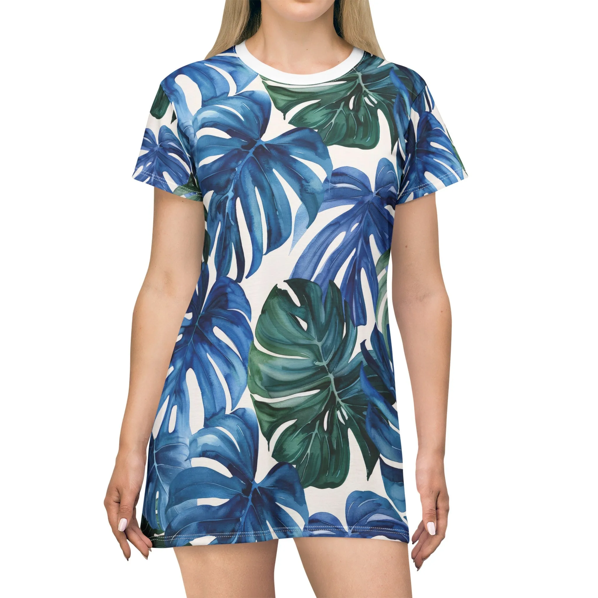 Watercolor Tropics T-shirt Dress - Blue/Green