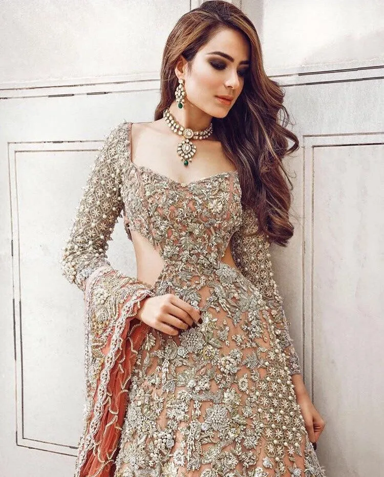 Wedding bridal lahnga with dabkabthreads pearls sequance patch work Model # B 192