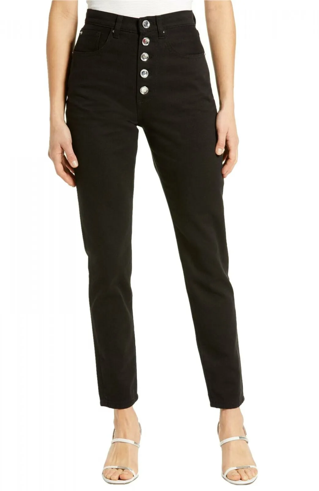 WeWoreWhat The Danielle Crystal Exposed Button High Waist Jeans