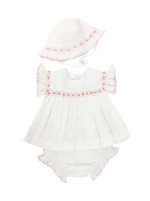 White Batiste with Pink Hand Smocked Dress set