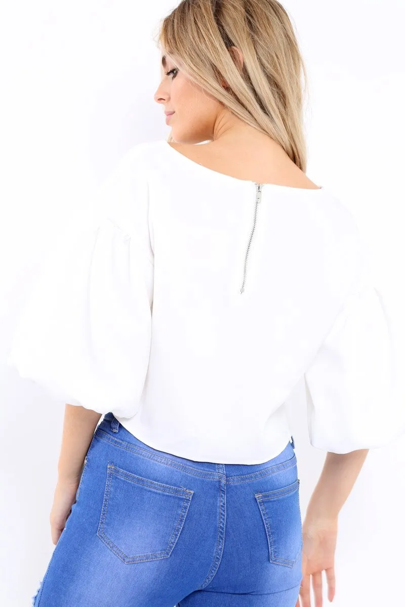 White Puffball Sleeve Top - Indiana