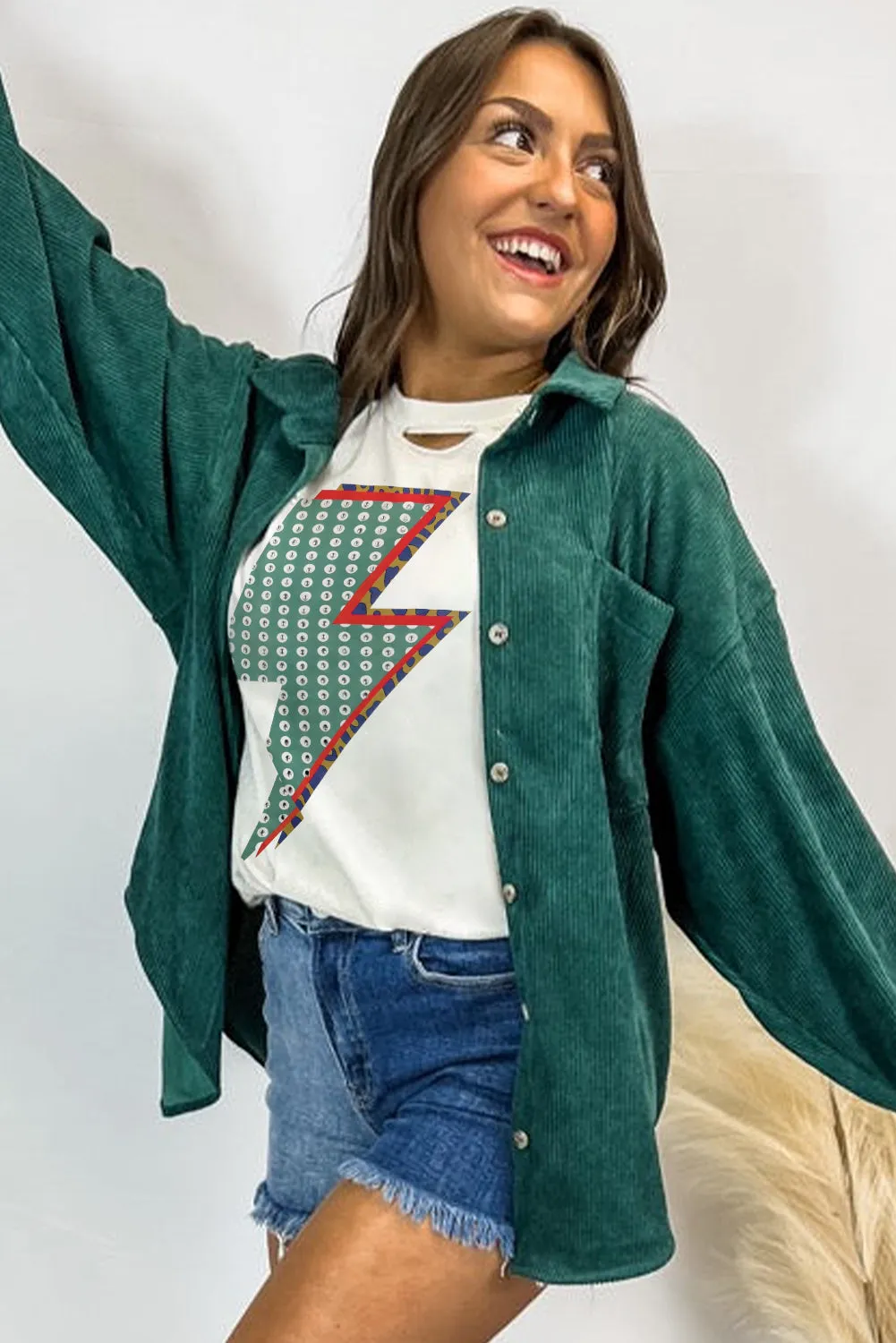 White Rhinestone Decor Bolt Graphic Ripped Western Tee