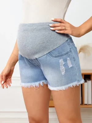 Wideband Waist Ripped Raw Hem Denim Shorts