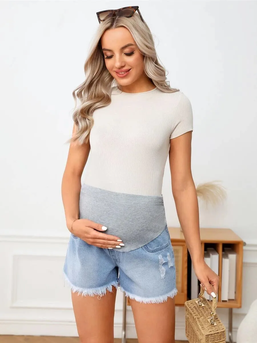 Wideband Waist Ripped Raw Hem Denim Shorts