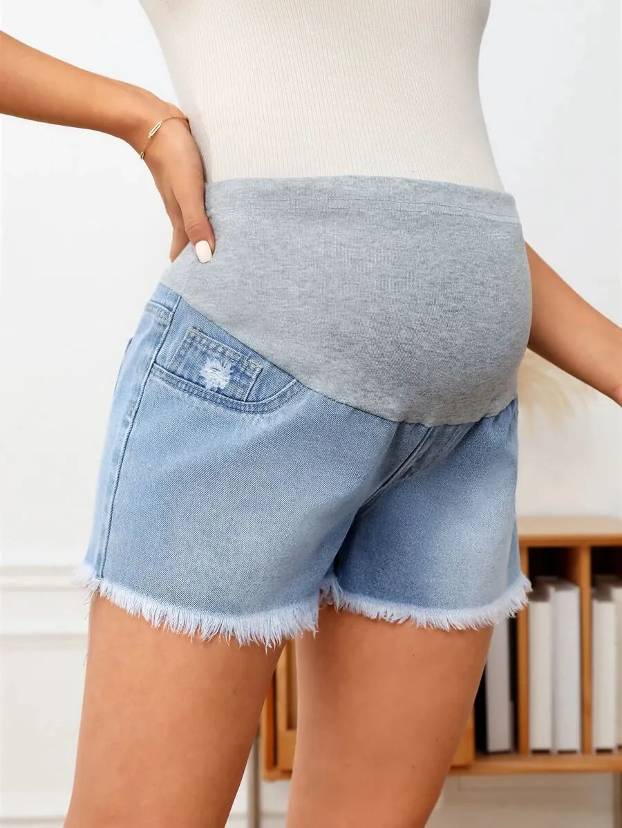 Wideband Waist Ripped Raw Hem Denim Shorts