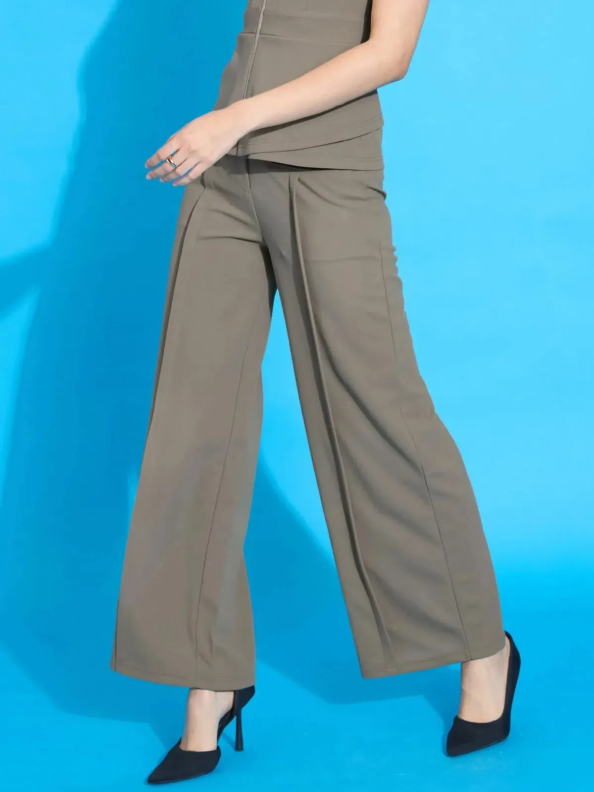 Women Beige Front Pleated Straight Fit Trousers
