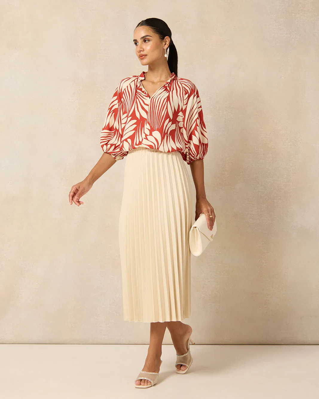 Women Beige Pleated Skirt