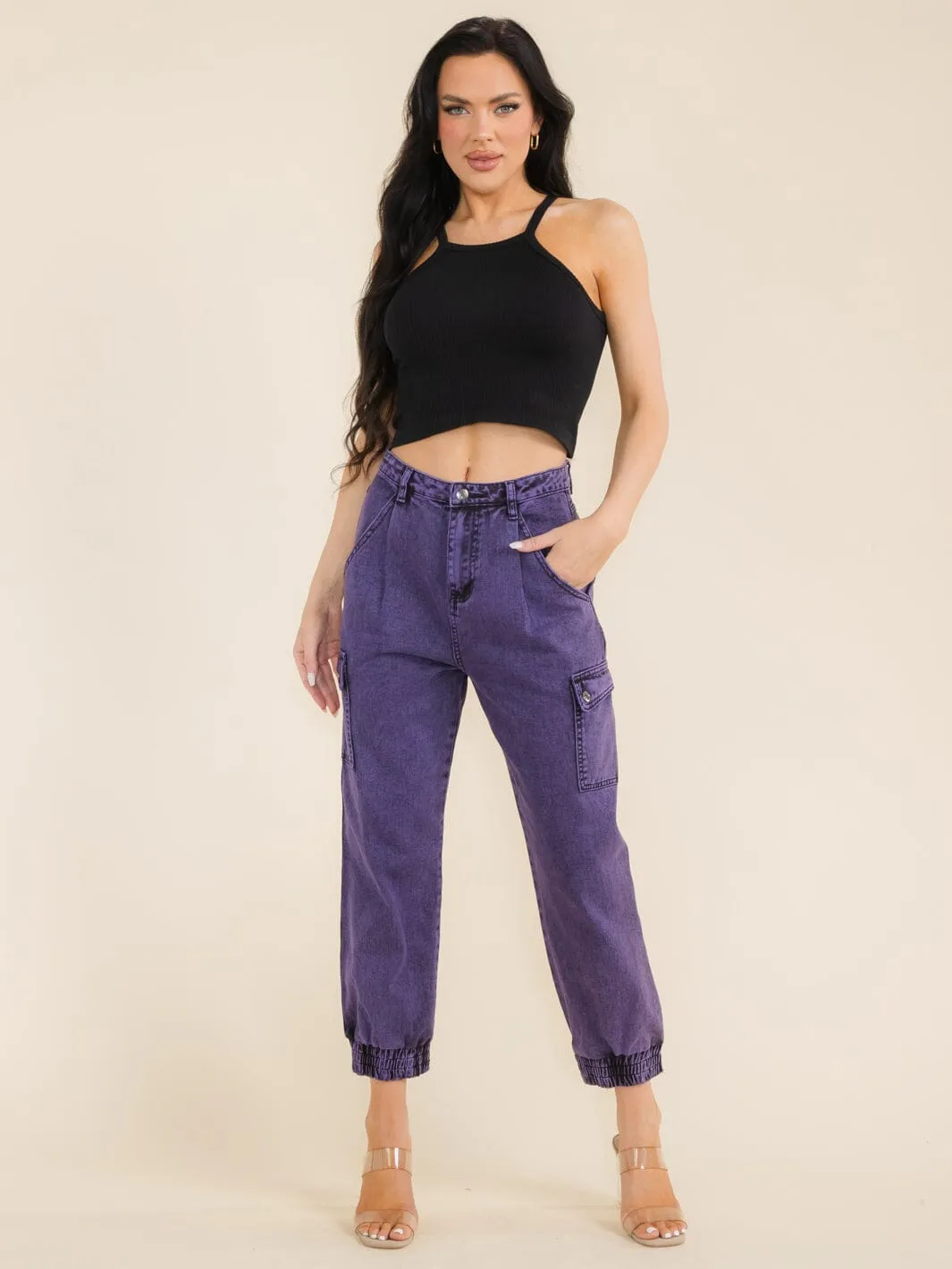WOMEN'S BUTTON CLOSURE FRONT POCKETS WASHED JOGGER DENIM PANTS