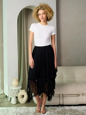 WOMEN'S ELASTIC WAIST HIGH-LOW LACE MIDI SKIRT