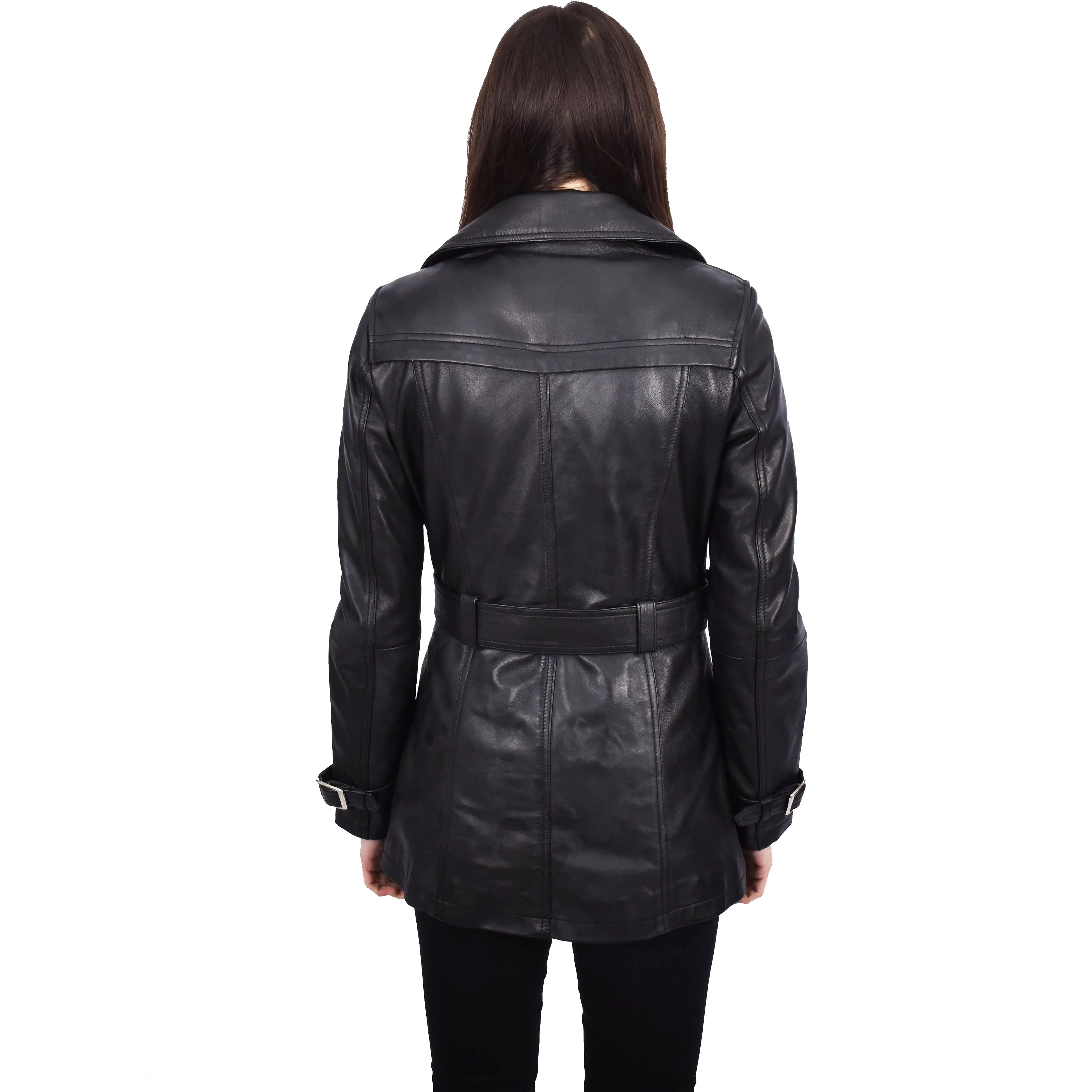 Women's Real Leather Buttoned Coat With Belt Black GlamTrench