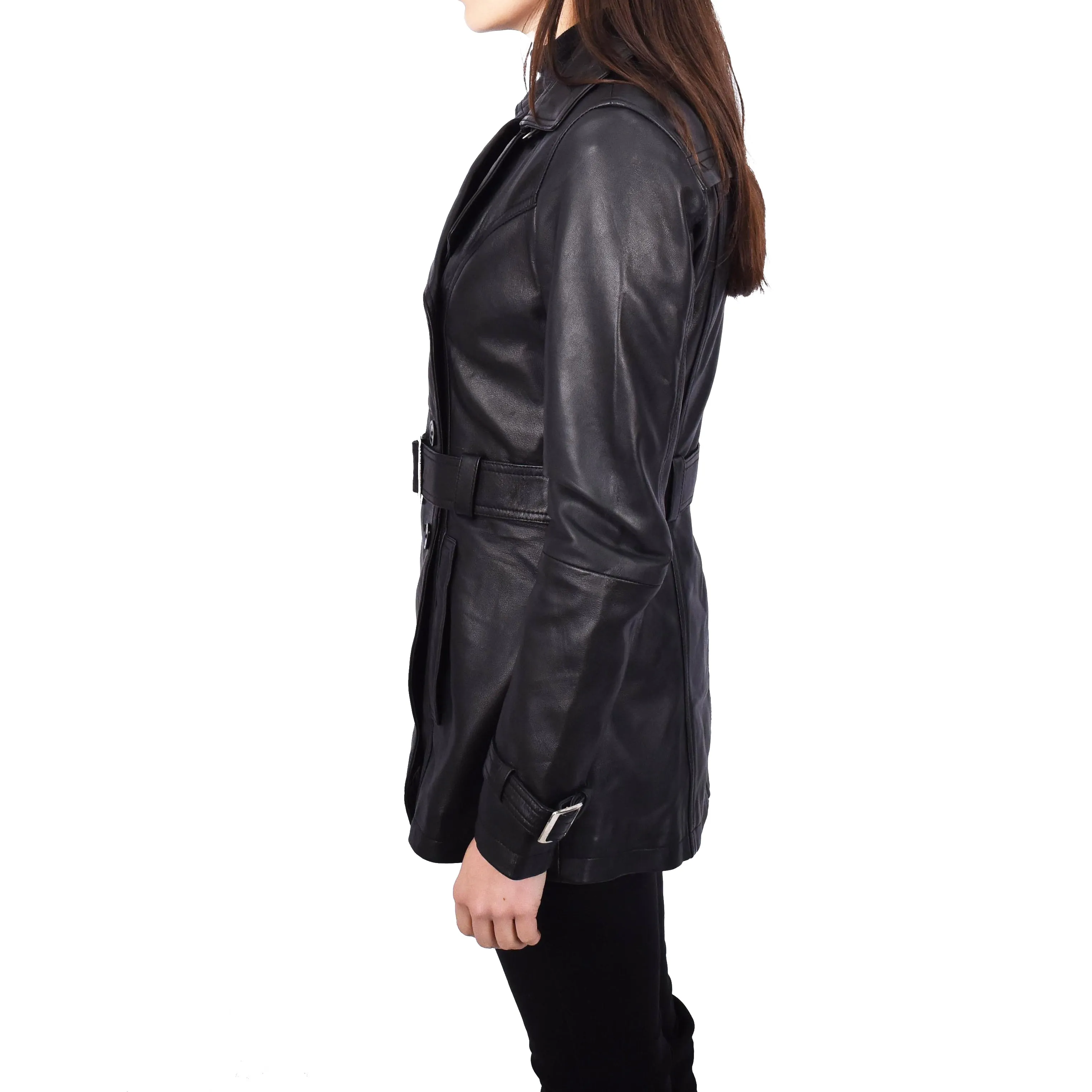 Women's Real Leather Buttoned Coat With Belt Black GlamTrench