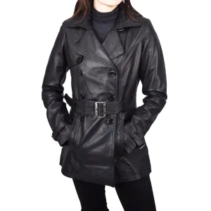 Women's Real Leather Buttoned Coat With Belt Black GlamTrench