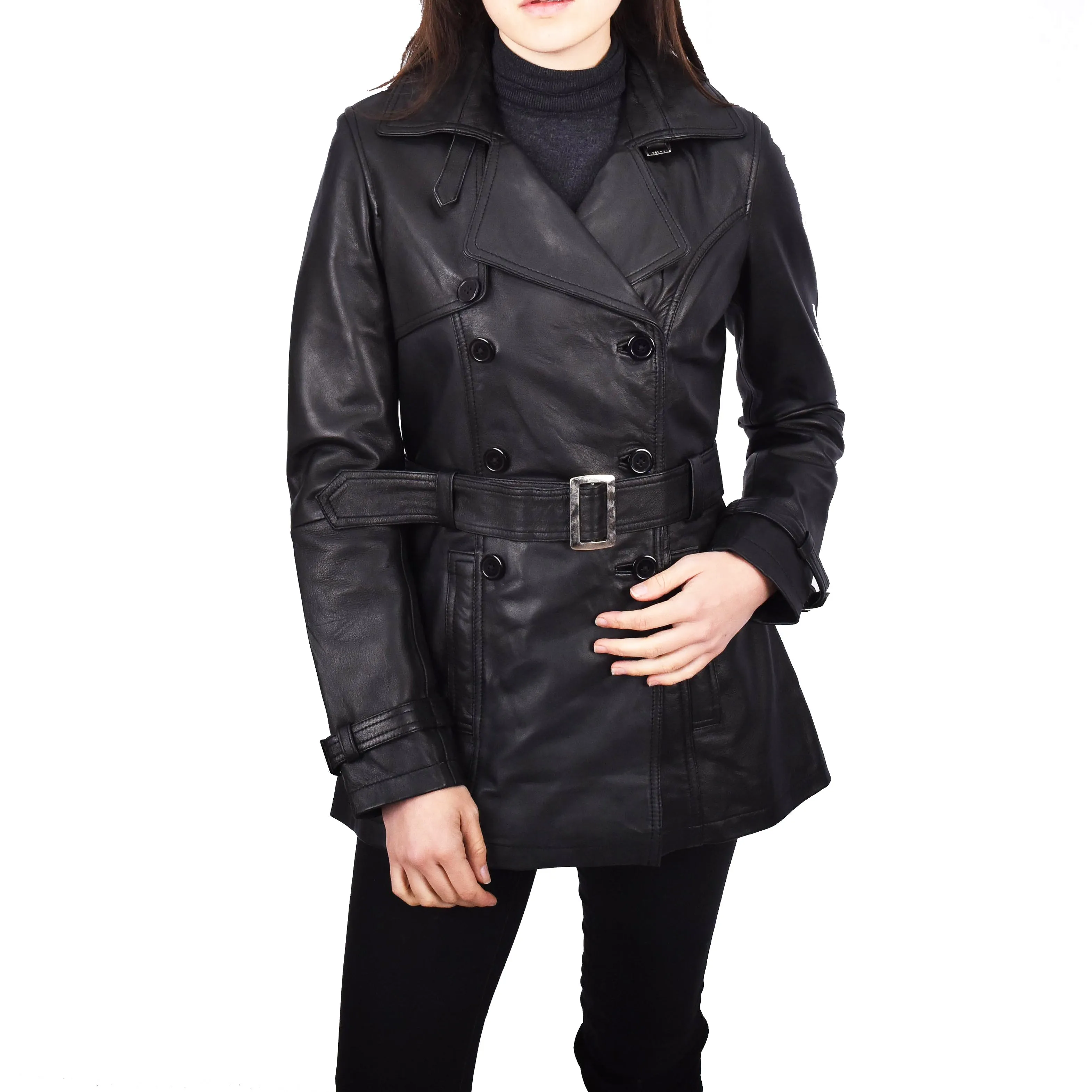 Women's Real Leather Buttoned Coat With Belt Black GlamTrench