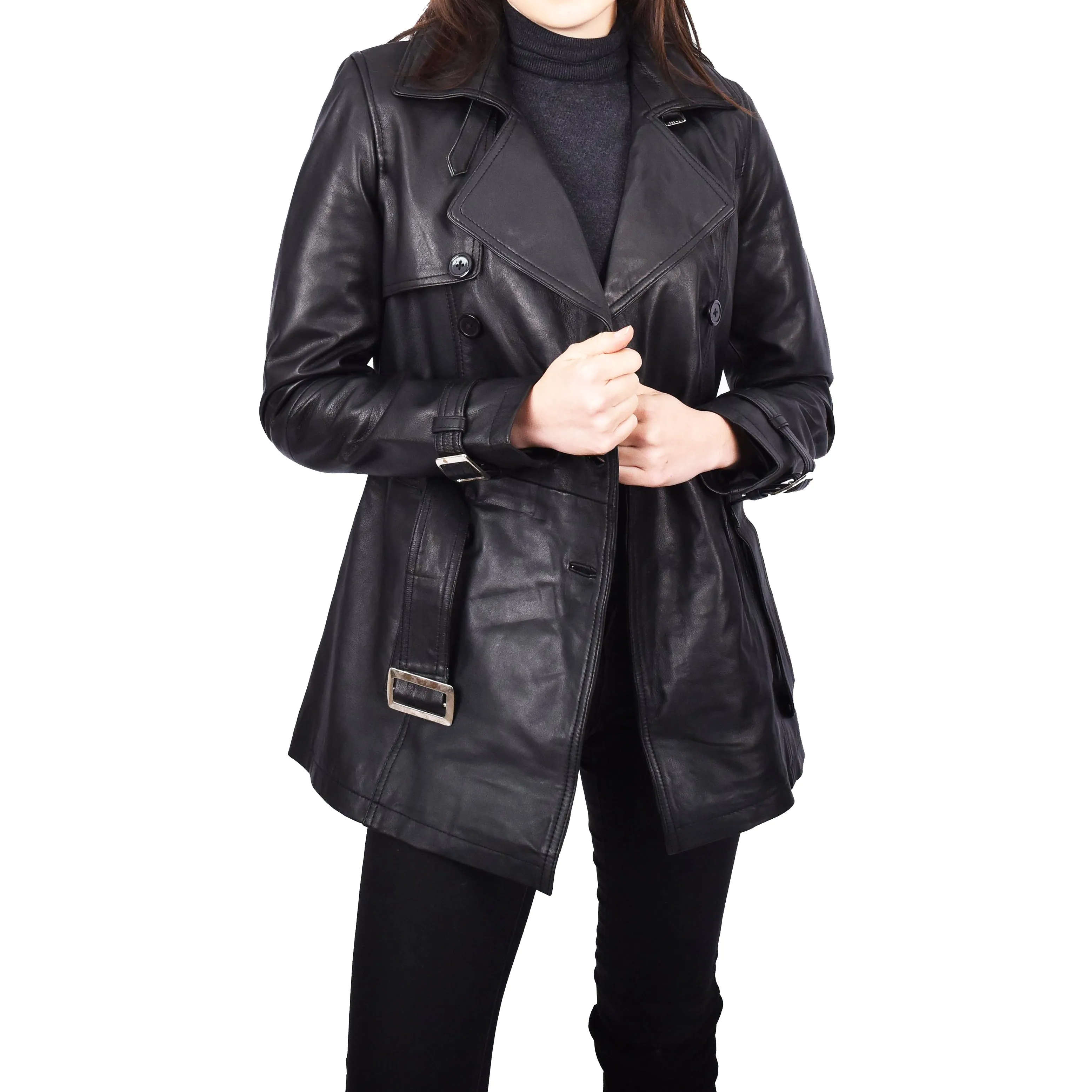 Women's Real Leather Buttoned Coat With Belt Black GlamTrench