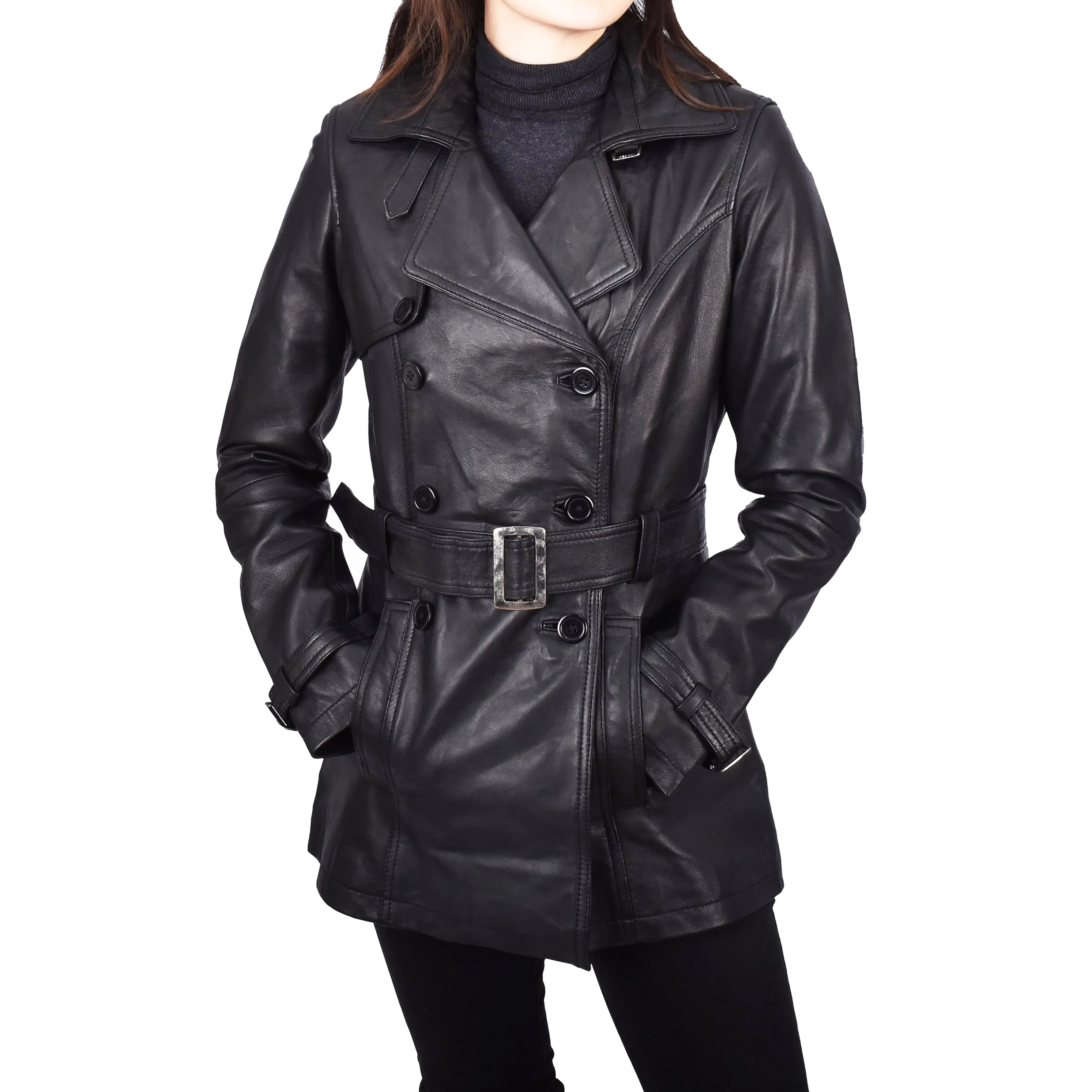 Women's Real Leather Buttoned Coat With Belt Black GlamTrench