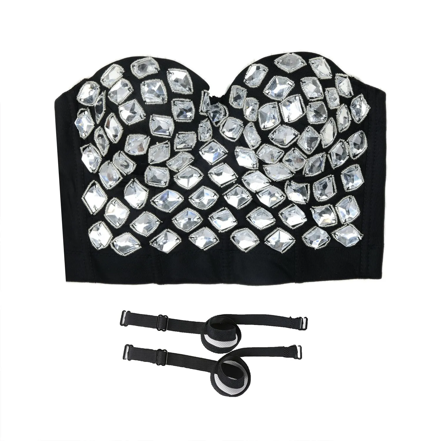 Women's White Rhinestone Beaded Punk Bustier Crop Top Party Club Corset Bra