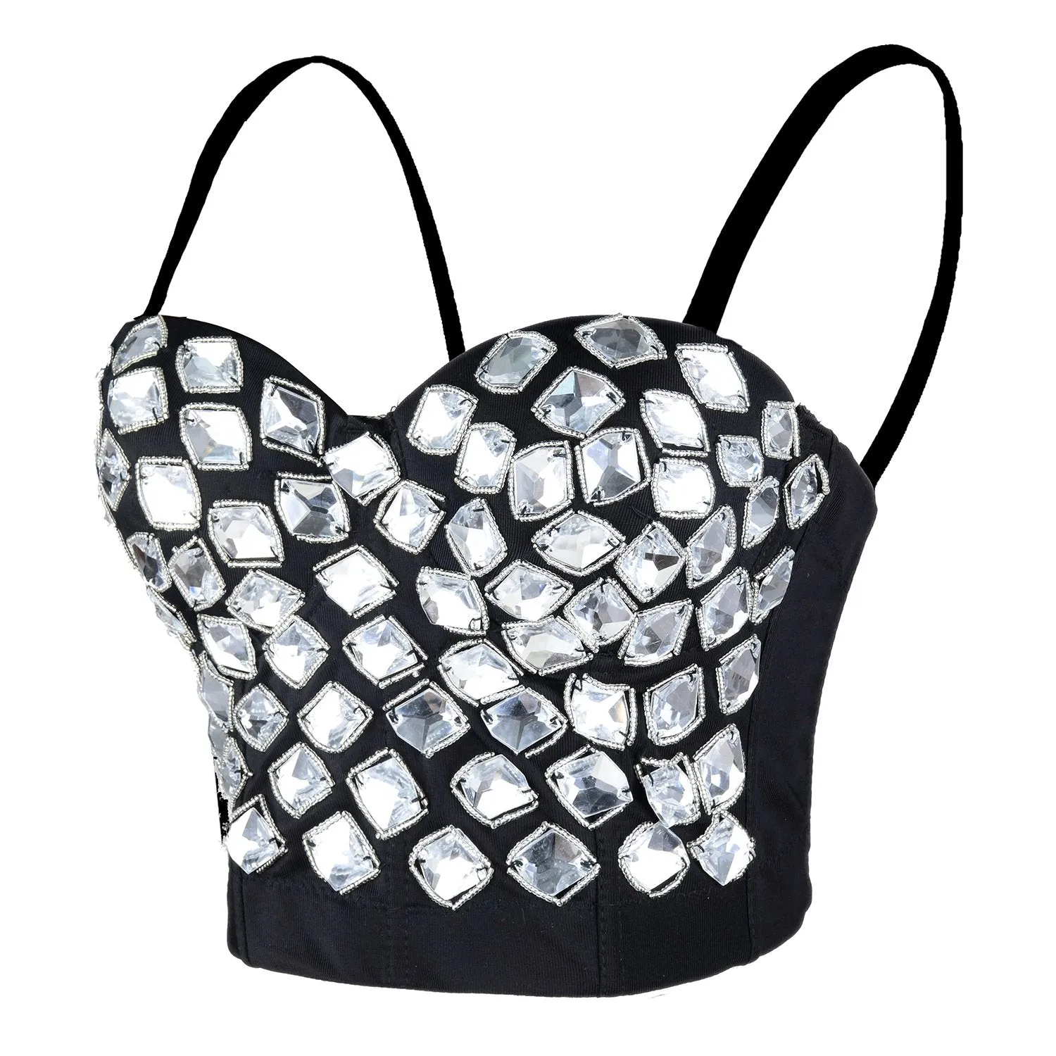Women's White Rhinestone Beaded Punk Bustier Crop Top Party Club Corset Bra