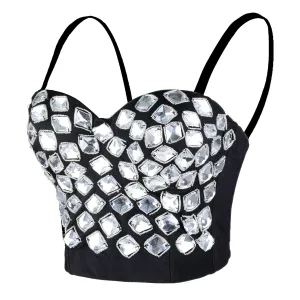 Women's White Rhinestone Beaded Punk Bustier Crop Top Party Club Corset Bra