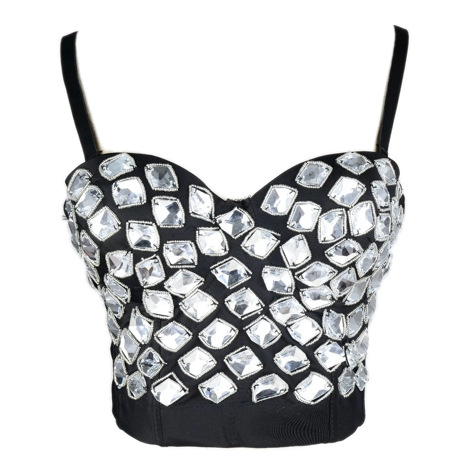 Women's White Rhinestone Beaded Punk Bustier Crop Top Party Club Corset Bra