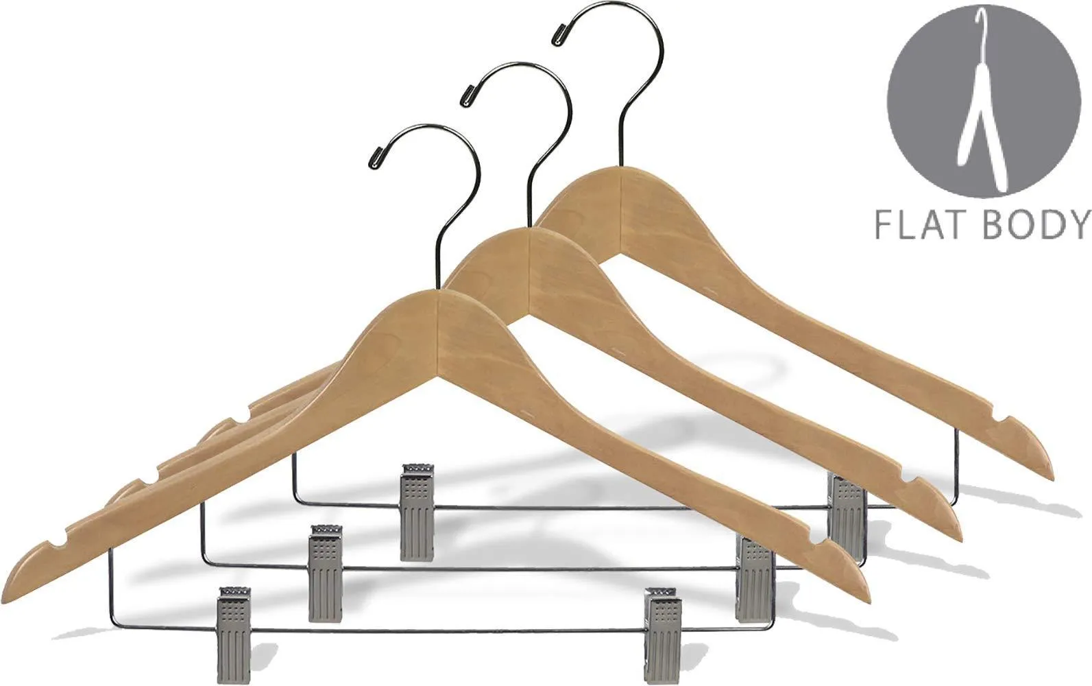 Wooden Combo Hangers with Natural Finish & Adjustable Cushion Clips, Flat 17 Inch Hanger with Chrome Swivel Hook & Notches (Set of 50) by The Great American Hanger Company