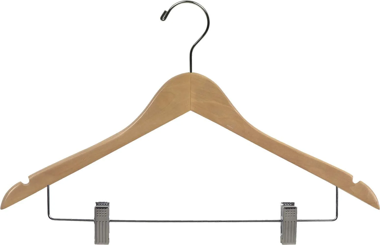 Wooden Combo Hangers with Natural Finish & Adjustable Cushion Clips, Flat 17 Inch Hanger with Chrome Swivel Hook & Notches (Set of 50) by The Great American Hanger Company