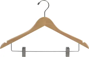 Wooden Combo Hangers with Natural Finish & Adjustable Cushion Clips, Flat 17 Inch Hanger with Chrome Swivel Hook & Notches (Set of 50) by The Great American Hanger Company