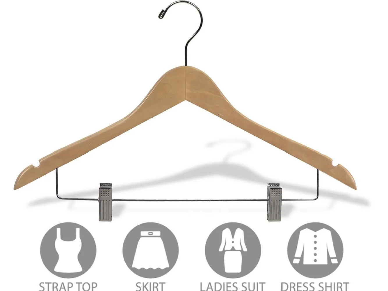 Wooden Combo Hangers with Natural Finish & Adjustable Cushion Clips, Flat 17 Inch Hanger with Chrome Swivel Hook & Notches (Set of 50) by The Great American Hanger Company
